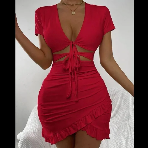 BNWT SHEIN Burgundy Tied Cutout Front Ruffle Trim Wrap Hem Mini Dress - Picture 8 of 8